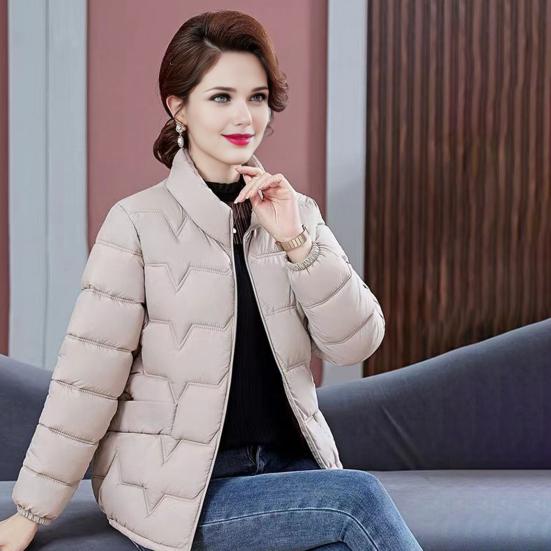 Frauen Baumwolle Jacke Stehkragen Langarm Einfarbig Reißverschluss Herbst Winter