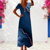 Women Plus Size V Neck Short Sleeve Marble Printed Teal Blue Maxi Dress