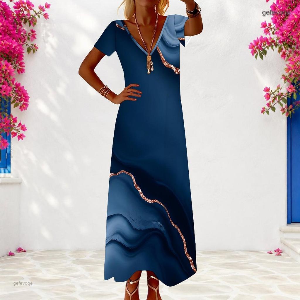 Women Plus Size V Neck Short Sleeve Marble Printed Teal Blue Maxi Dress