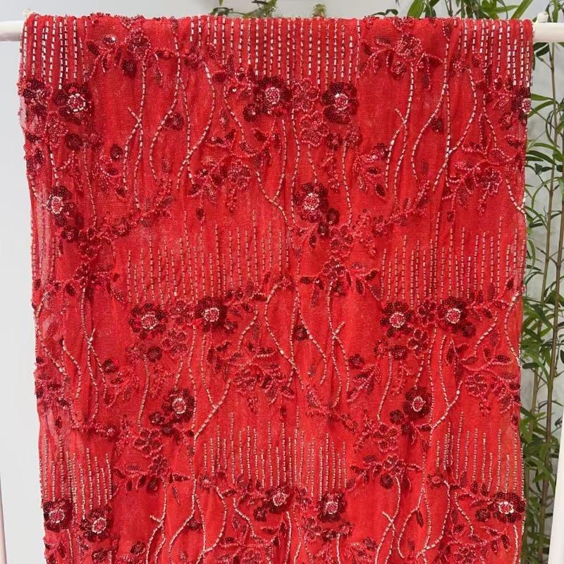 1 Yard Sequins Geborduurd Kantstof Diamanten Franje Bruidsjurk Materiaal Elegante Kralen Sequins Kantstof voor Kleding