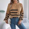 GMXIA Autumn and Winter Casual Color-blocking Striped Pocket Lantern Sleeve Pullover Sweater Women's Wear