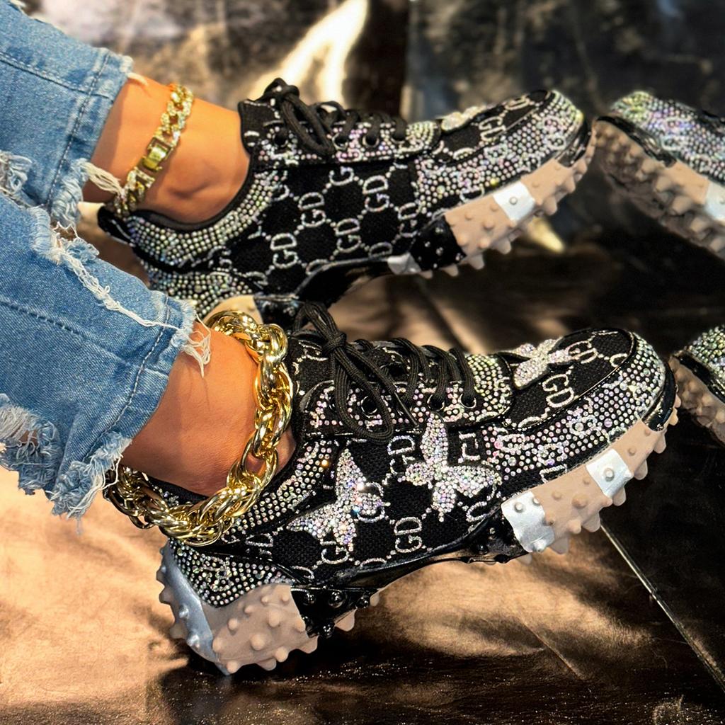 Baskets Dad en Jean Denim Fait Main Strassées Durian Semelle Diamants Chauds Chaussures de Sport pour Femmes