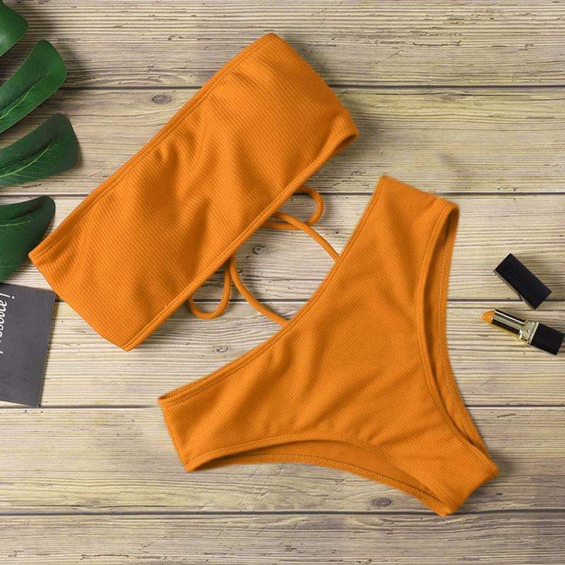 

Sexy Solid Color Bikini Split Swim Suit Pure Color Bikini Separates Swimsuit Orange S