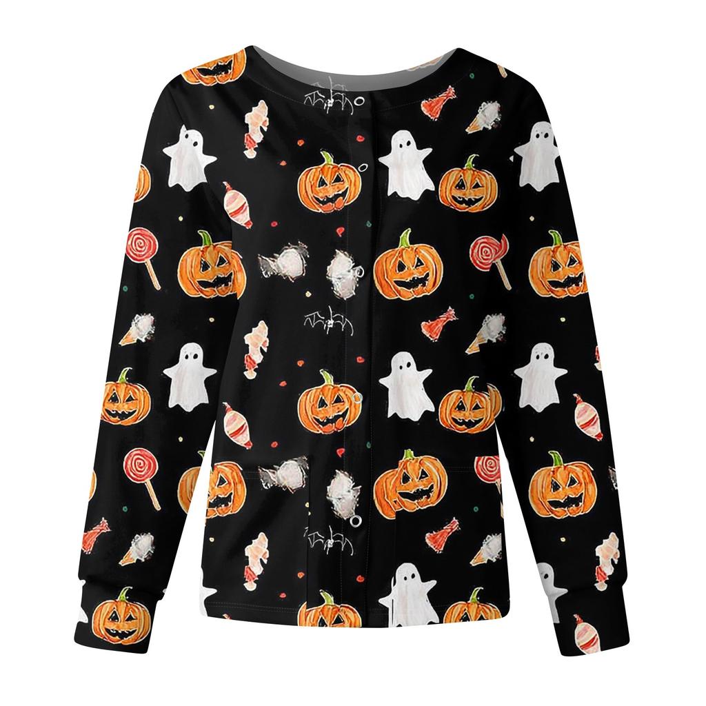 Women's Casual Fashion Long Sleeve Standing Collar Single Breasted Halloween Printed Workwear Jacket Tops