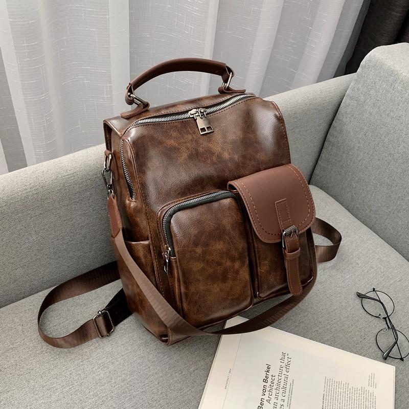 Vintage PU Leather Backpack Women Korean Style Large Capacity Fashion Shoulder Bag Casual Versatile Female Backpack For Travel