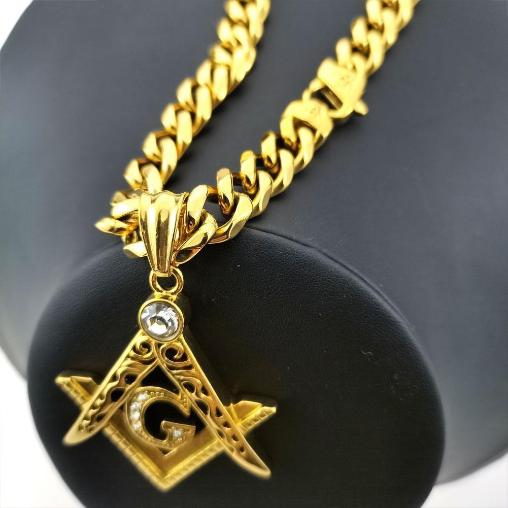 Rhinestone Pendant Necklace 11mm Width Yellow Mens Women Freemasonry Masonic Mason Stainless Steel