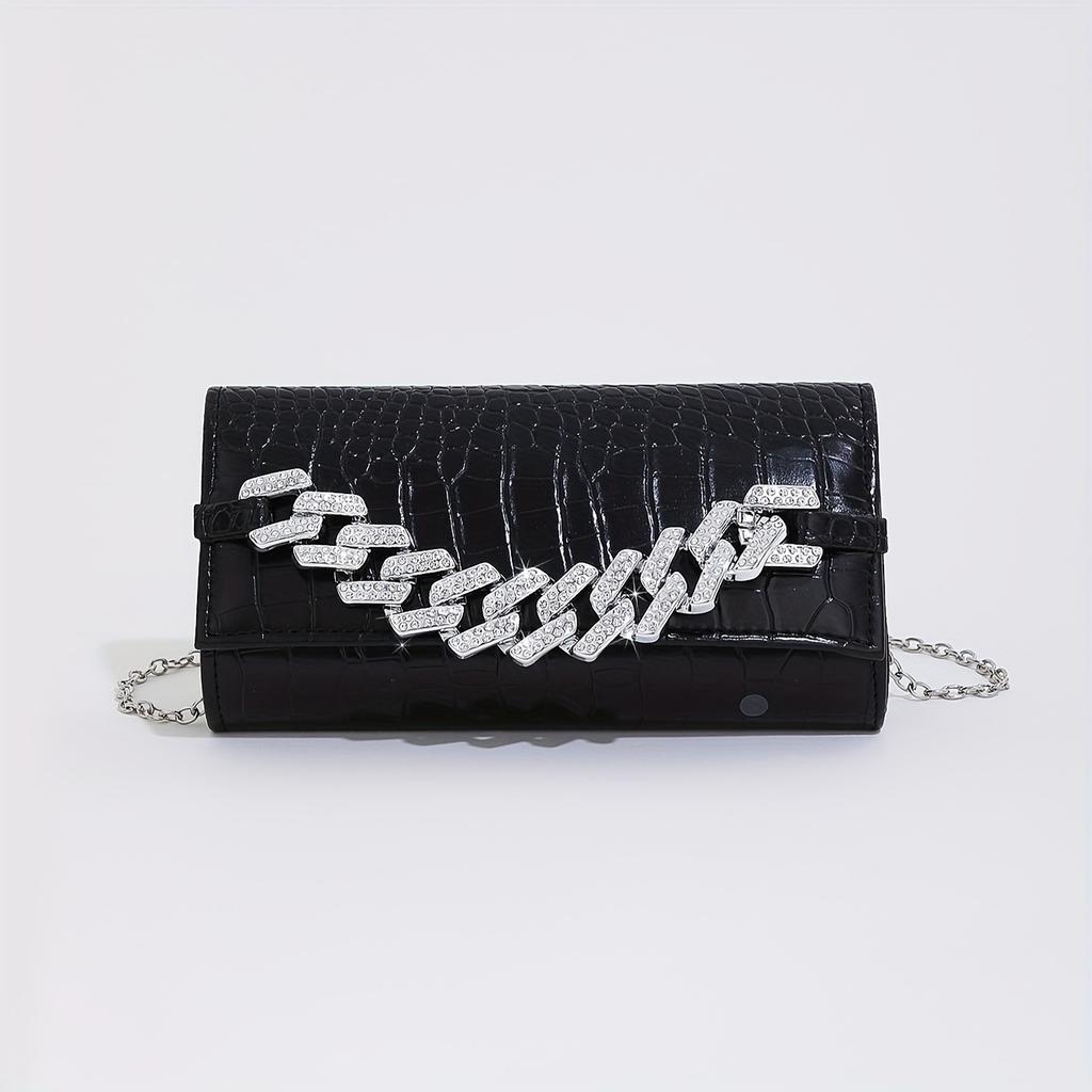 Cross-Border New Shiny Rhinestone Cuban Chain PU Crocodile Pattern Niche Clutch Chain Party Party Women'S Dinner Bag