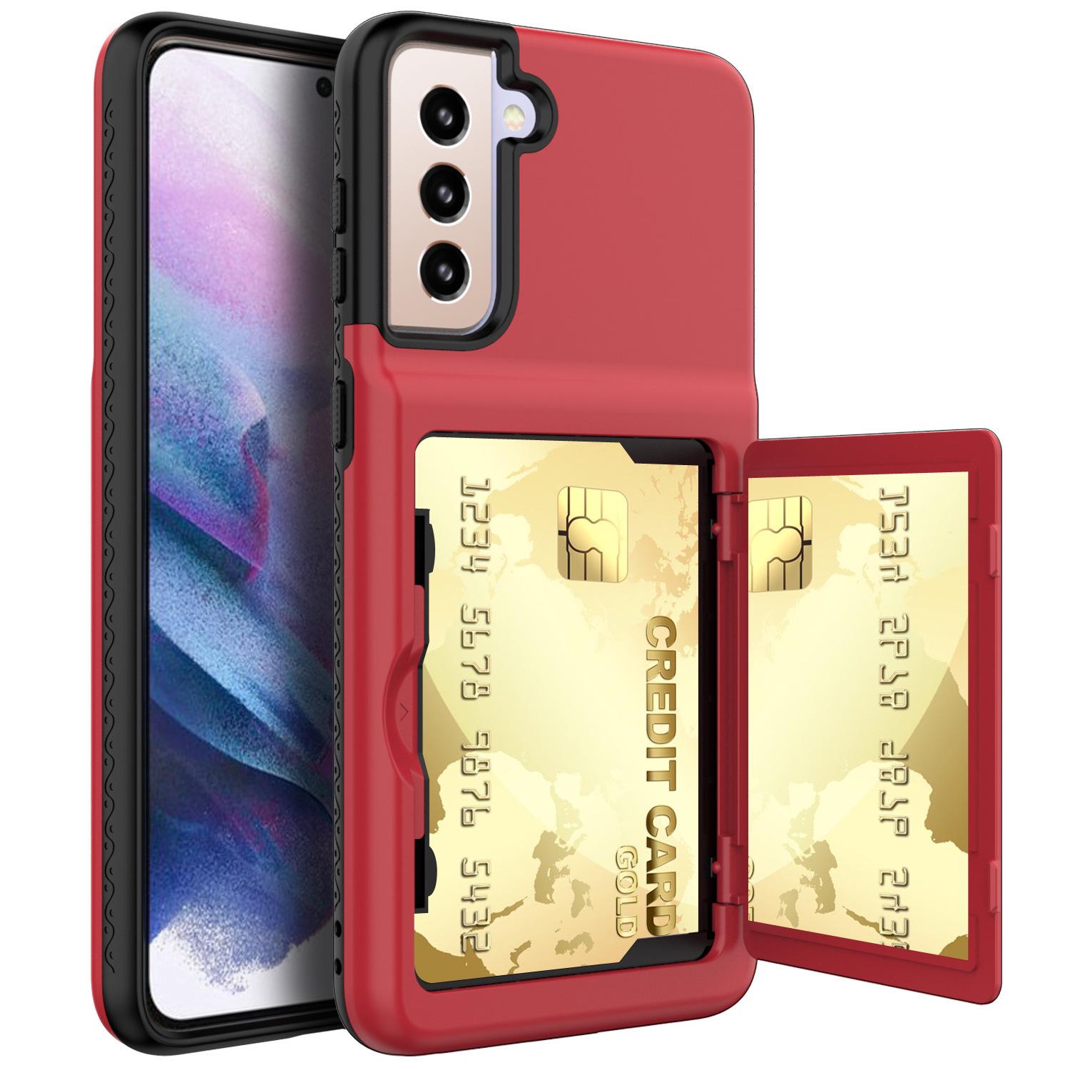 

Solid Color Drop-Proof Phone Case with Card Holder & Mirror for Samsung S21/S30 Ultra 6.8 красный черный