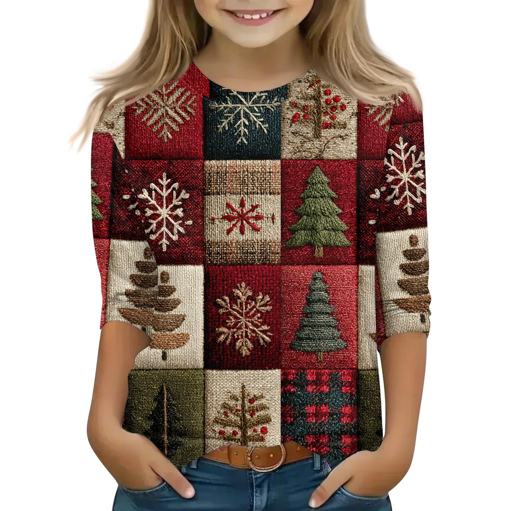 Christmas Day Print Tops For Youth Girls 4-11 Years Round Neck 3/4 Sleeves T-Shirts Trendy Tops Outfit Tees