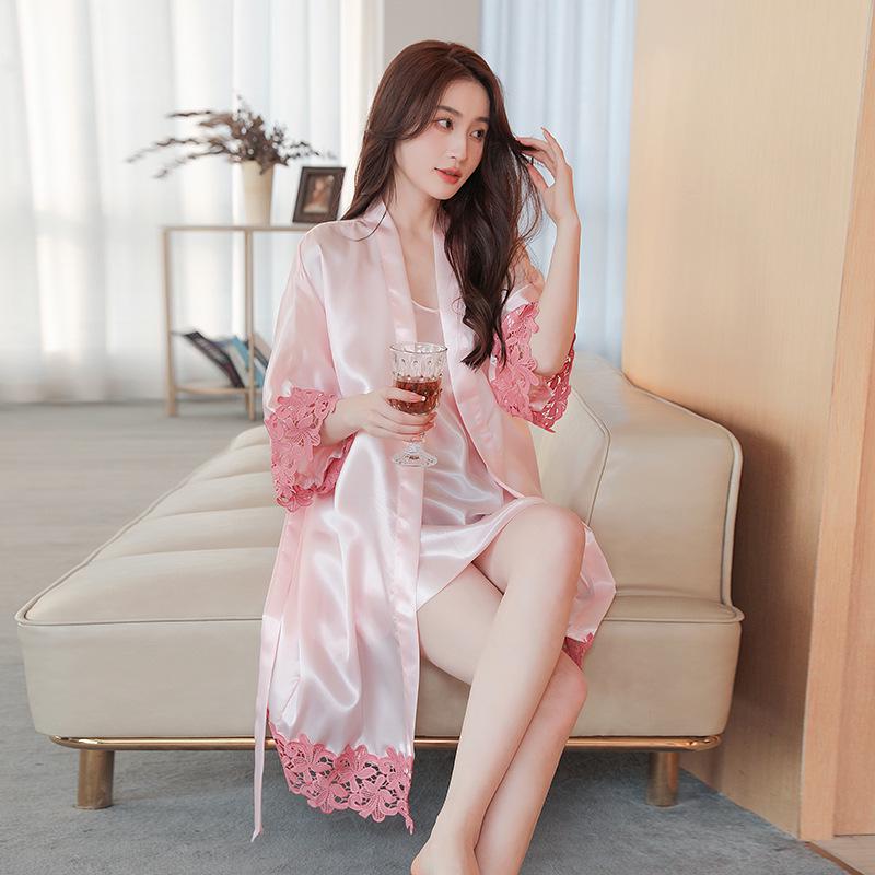 Lace Trim Red Bridal Robe for Weddings & Bridesmaids