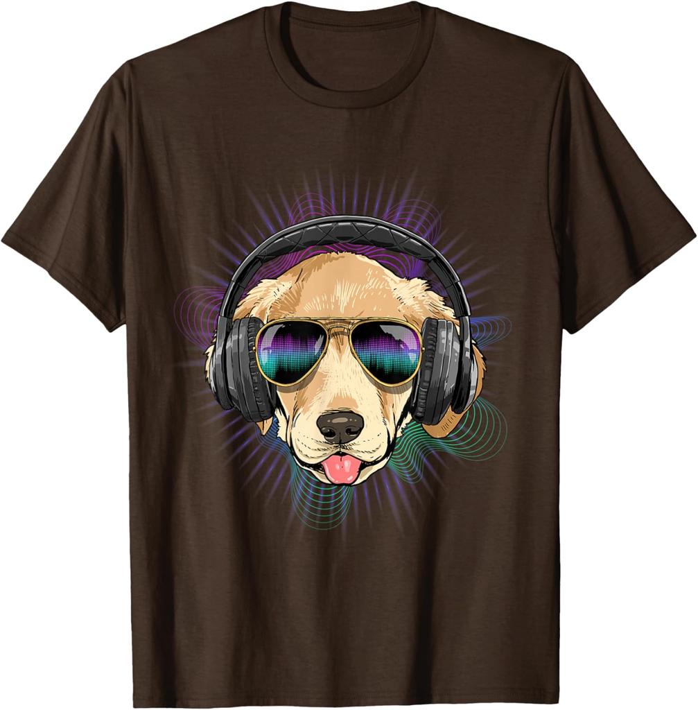 Cool Golden Retriever DJ Music Lover Graphic Tee Breathable Cotton Casual Trip T-Shirt