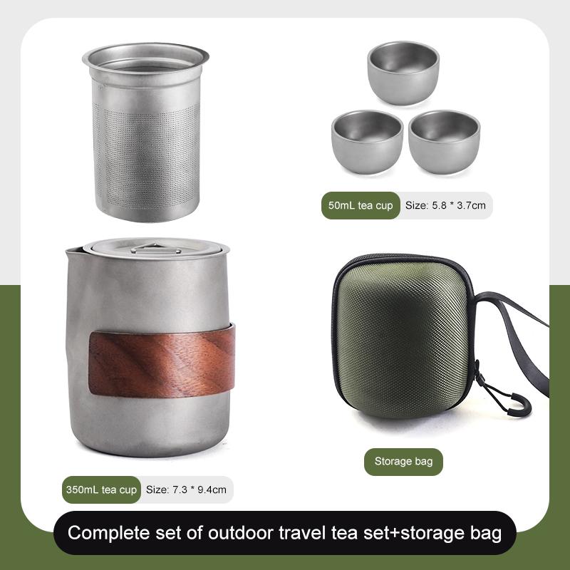 

Lightweight Travel Tea Set with Storage Bag Built-In Strainer Titanium Alloy Tea Cups Teapot Outdoor Camping Hiking Tableware