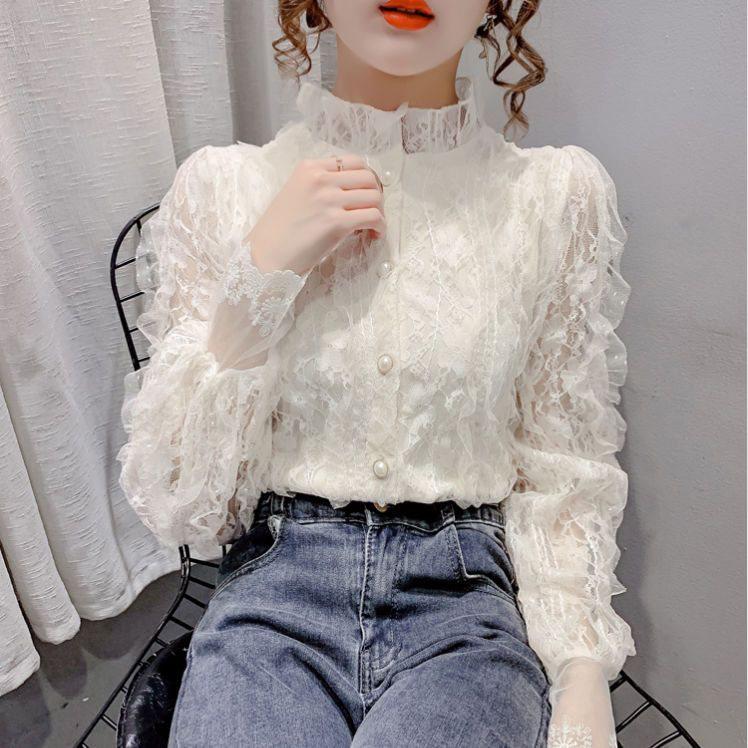 Damen Spitzenhemd mit Stehkragen und langen Ärmeln - Vielseitige Herbst-/Winter-Lage