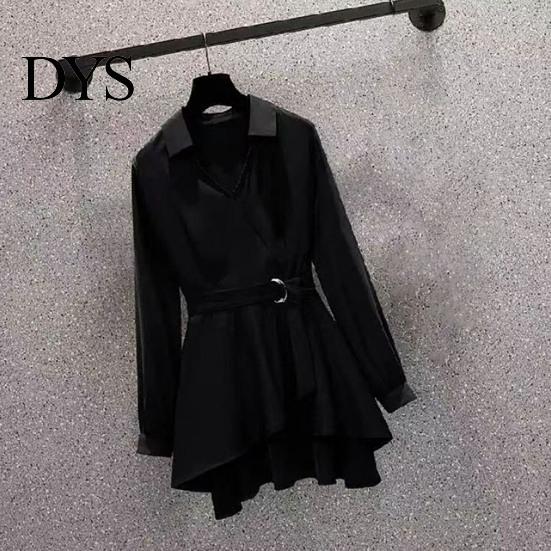 Tunic Shirt Lapel V Neck Long Sleeves Irregular Hem Plus Size Women Waist Tight Adjustable Belt Pullover Top Female Clothing