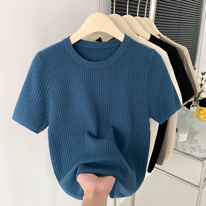 

Brand Discount Cut Label Export Summer round Neck Short Sleeves Knitwear Women s Western Style All-Matching Bottoming Shirt Chic Tops Trendy Gray Blue 500 pieces from 29 yuan