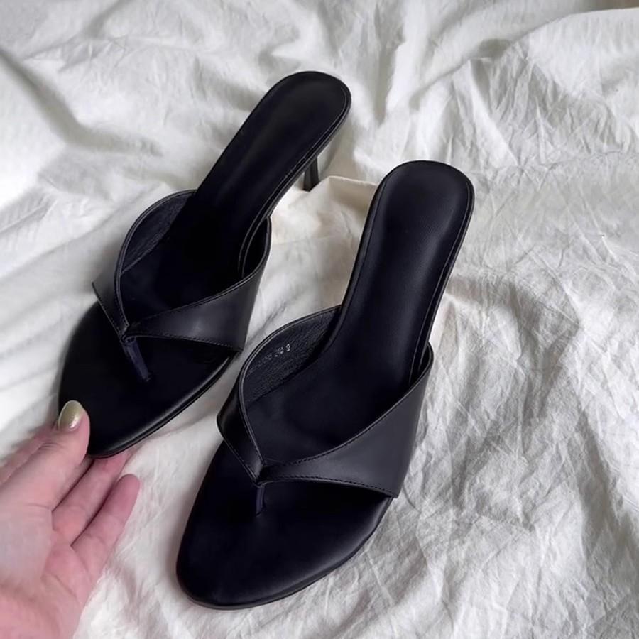 Soft Leather Version~ Retro High-heeled Toe Cool Slippers Flip-flops Women's Outer Wear with Skirt Simple Temperament Stiletto Sandals