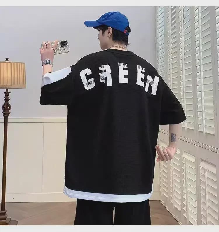 Trendy Korean Hip-Hop Men's Summer Waffle Print Five-Point Sleeve Top