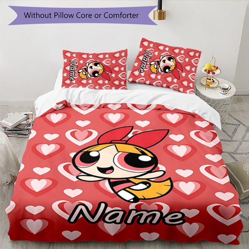 3pcs The Powerpuff Girls4 Cover Set - Personalized Name, HD Printed Bedding with 1 Cover and 2 Pillowcases - Perfect for Home Decor, Easy Care