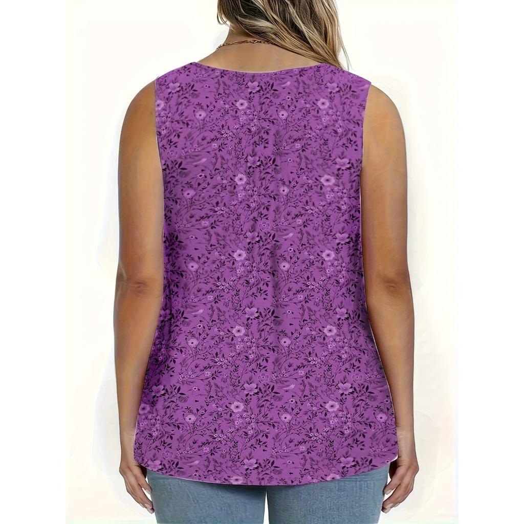 Summer Small Floral Print Round Neck Knit Sleeveless Vest Top Women
