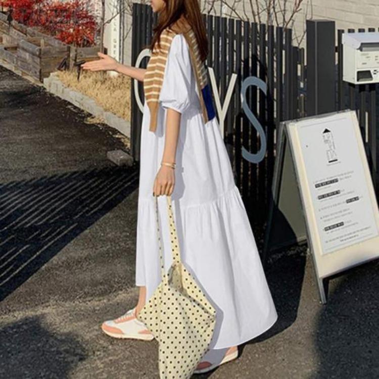 Damen Sommerkleid Locker A-Linie Maxi Knöchellang Kurzarm Rundhalsausschnitt Einfarbige Patchwork Falten Weich Atmungsaktiv Damenkleid