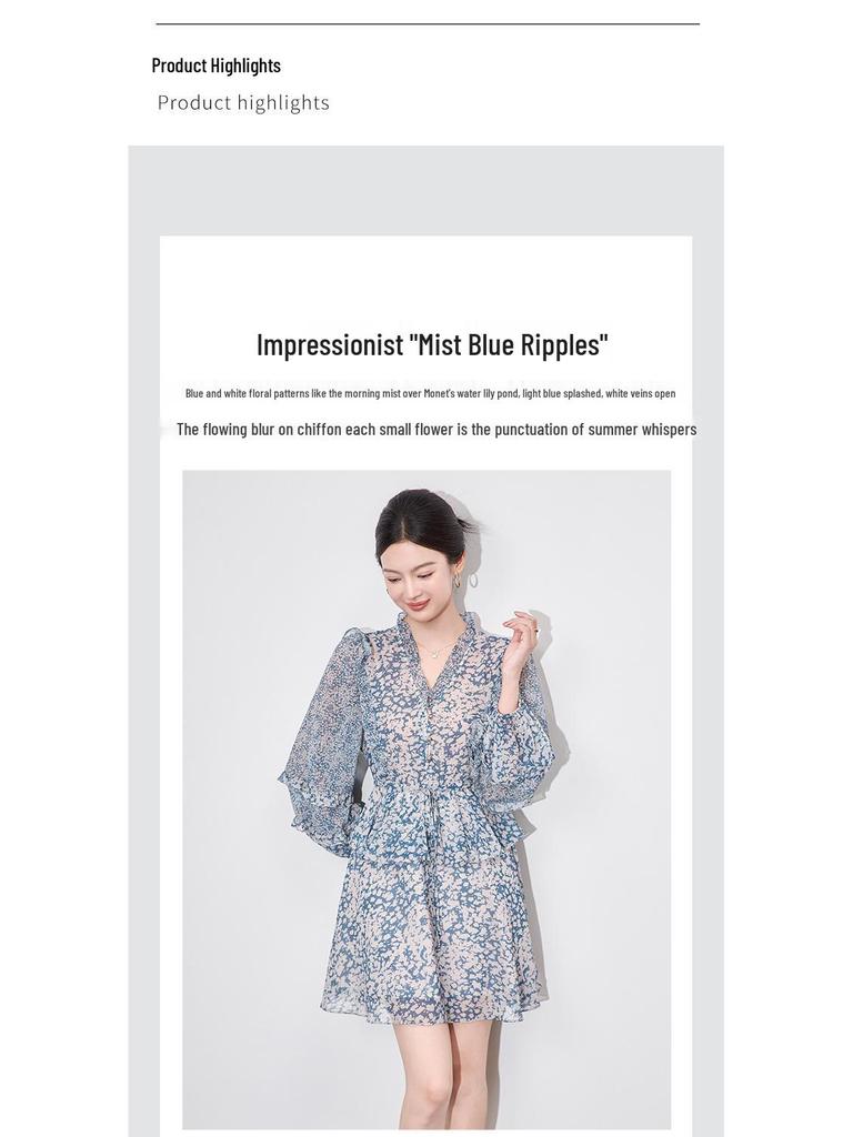 High-Quality French Waist-Slimming Double Crepe Chiffon Dress for Women - Summer Style