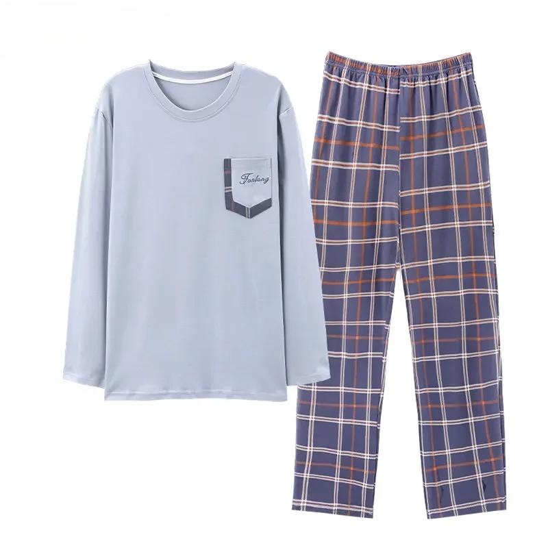 Podzimní zimní pánské domácí obleky s dlouhým rukávem, kalhoty, obleky, pyžama pro muže, pletené bavlněné kostkované pyžamo