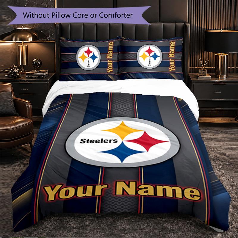 Pittsburgh Steelers Customized Name Text Bedding Set, 1 Duvet Cover & 2 Pillowcases Personalized Bedroom Gift