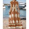 New Summer Holiday Style Printed V-neck Waist Short-sleeved Dress Holiday Long Dress