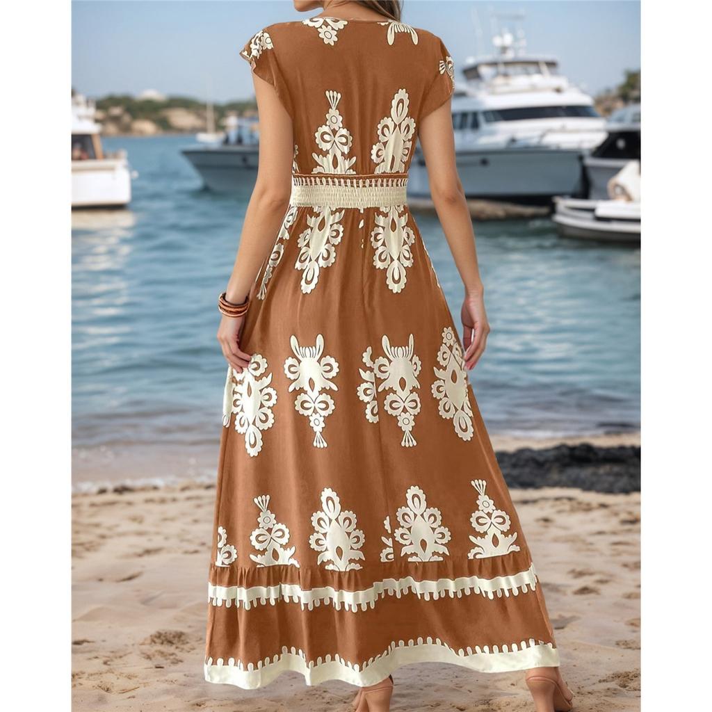 New Summer Holiday Style Printed V-neck Waist Short-sleeved Dress Holiday Long Dress