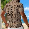 Women Short Sleeve Polo Shirt Light Beige Black Dense Leopard Print Half Zip Lapel Top