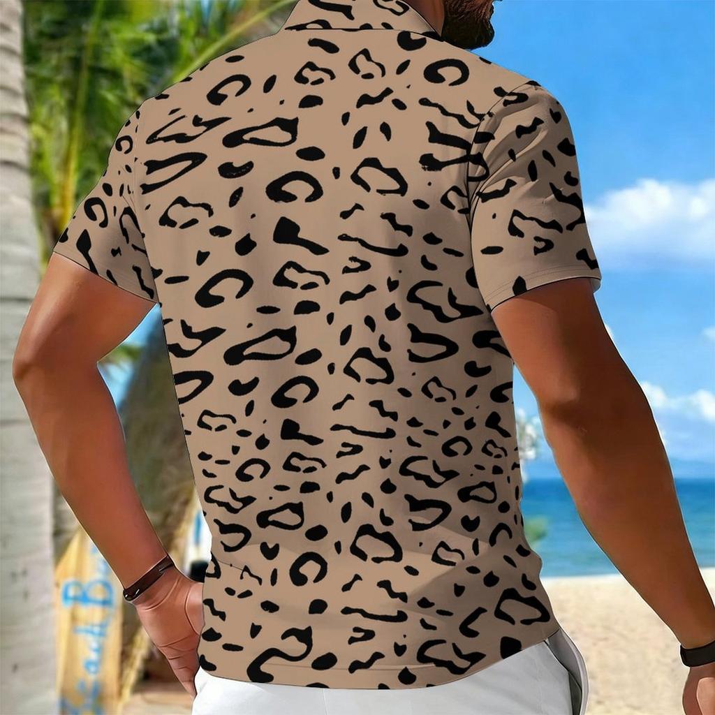Women Short Sleeve Polo Shirt Light Beige Black Dense Leopard Print Half Zip Lapel Top