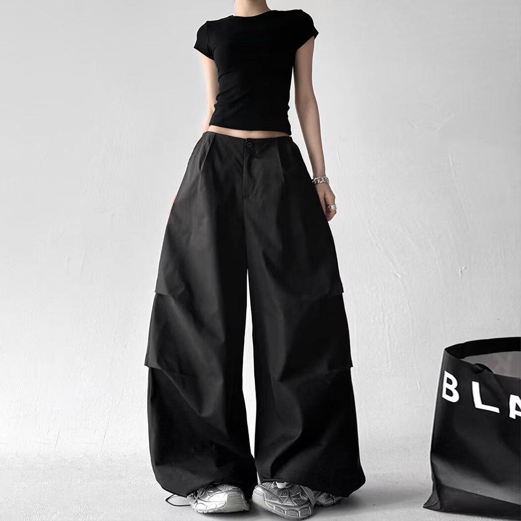 Women's Gray High-Waisted Wide-Leg Workwear Pants - Loose, Slimming, Casual Straight-Leg Parachute Style for Early Spring 2026