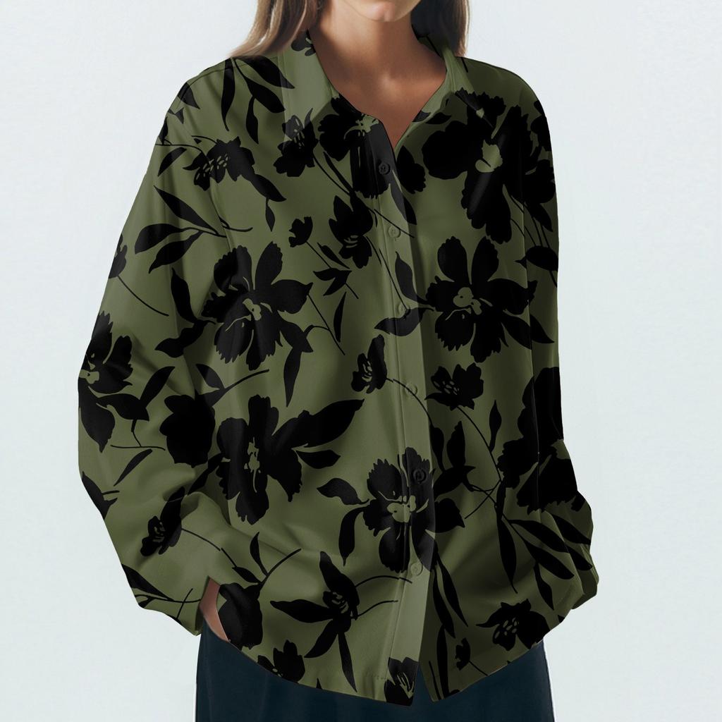 Dámská košile s knoflíky s květinovým potiskem, ležérní top s dlouhým rukávem a klasickým límečkem