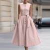 Abito midi da donna senza maniche con bottoni frontali in misto cotone e lino con cintura in vita e tasche, vestibilità classica per l'uso quotidiano