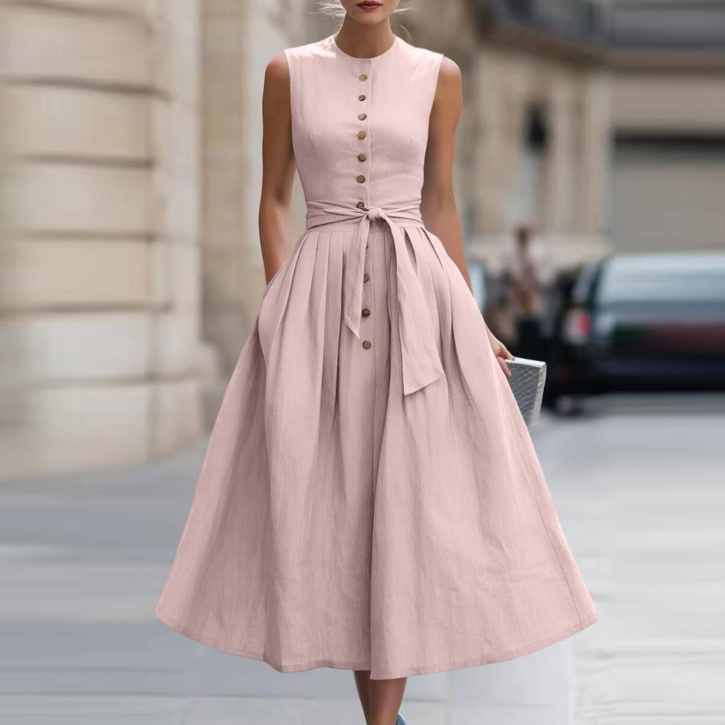 Abito midi da donna senza maniche con bottoni frontali in misto cotone e lino con cintura in vita e tasche, vestibilità classica per l'uso quotidiano