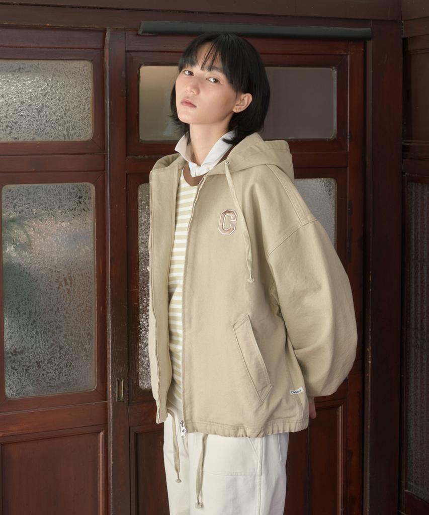 Covernat C Logo Heavy Oxford Hooded Jacket Beige