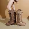 Retro Tassel Suede Long Western Cowboy Boots Women 2025 Winter Thick Heel Knee High Boots Sexy Khaki Medium Heel Shoes Plus Size