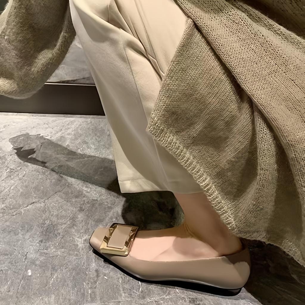 Cowhide Version~ Classic Square Buckle Shoes, Leather Flat-bottomed Commuting Single Shoes, Women's Shallow Mouth Square Head Low Heel Mary Jane Shoes