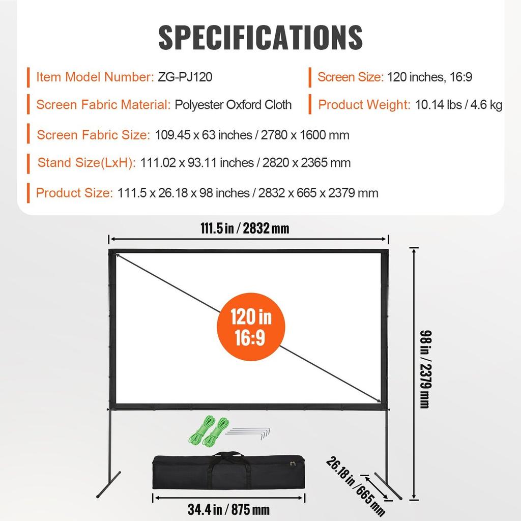 Projector Screen with Stand, 120 inch 16:9 4K 1080 HD Outdoor Movie Screen with Stand, Wrinkle-Free Projection Screen with Bar Feet and Carry Bag, for