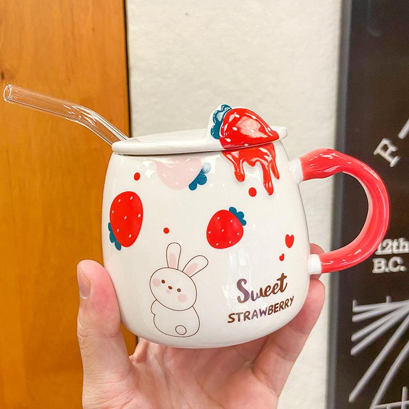 Cute Rabbit Strawberry Mug Straw Coffee Cup Mug for Tea Mugs Funny Cups and Mugs Drinkware Kitchen Dining Bar Home Garden