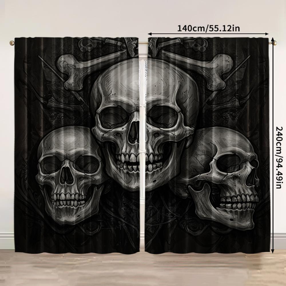 2pcs, 2D flat Window Treatment Curtains Gothic Triple Skull Versatile Polyester,Without Electricity Family Party Decoration