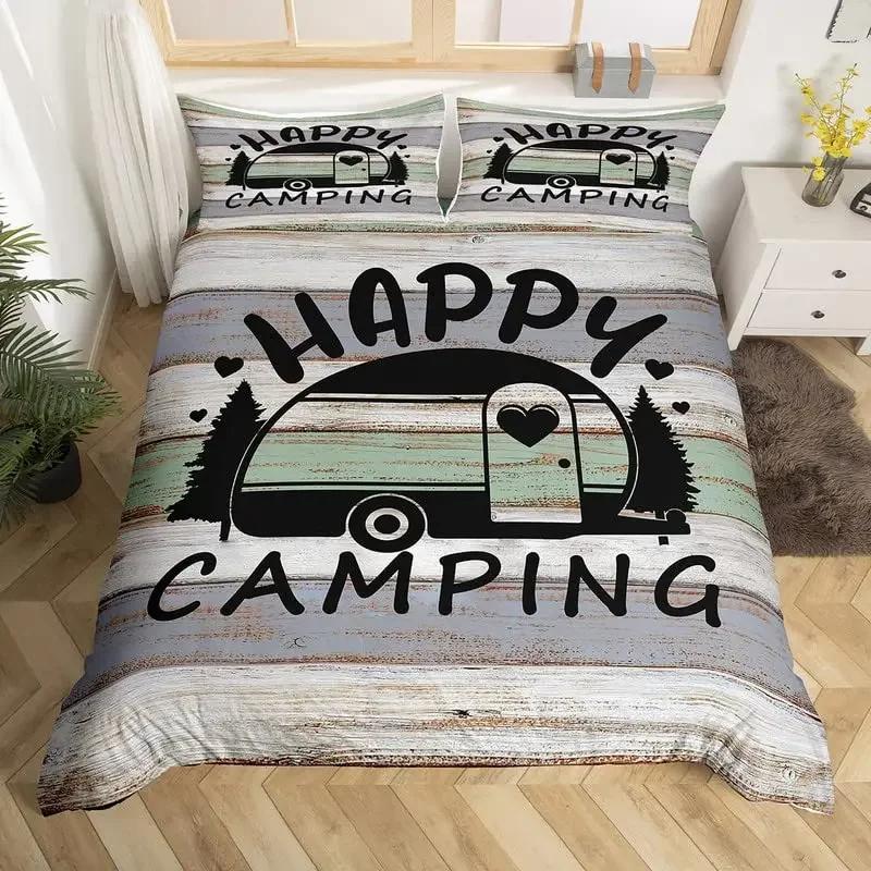 Camper Bedding Set Kids Happy Camping Duvet Cover Set Microfiber Rv Camping Quilt Cover Camper Accessories For Travel Trailers