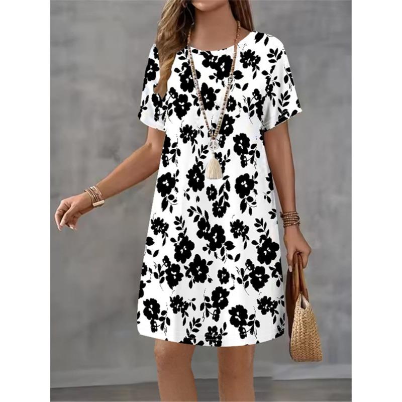 Women Summer Dress Fashionable Style Flower Print Casual Short Sleeved Round Neck A-line Dress Street Style Elegant Mini Dress