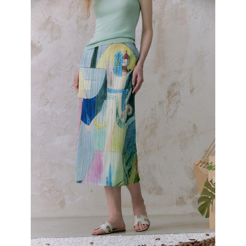 Aozhi State Artistic Sense Abstract Pattern Print Back Slit Pleat Skirt Elastic Waist Straight Midi Dress SW