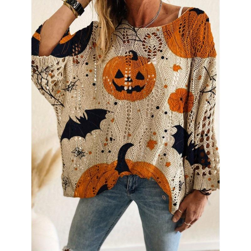 

Women S Halloween-Themed Off-Shoulder Top - V-Neck, Bat & Pumpkin Print, Loose Fit, Long Sleeve, Perfect for Vacation or Casual Outings S разноцветный