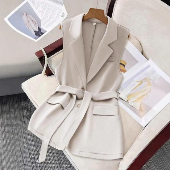 Women's Sleeveless Blazer Vest Button Lapel Collar Work Jacket Fall Casual Long Dressy Coat with Belt