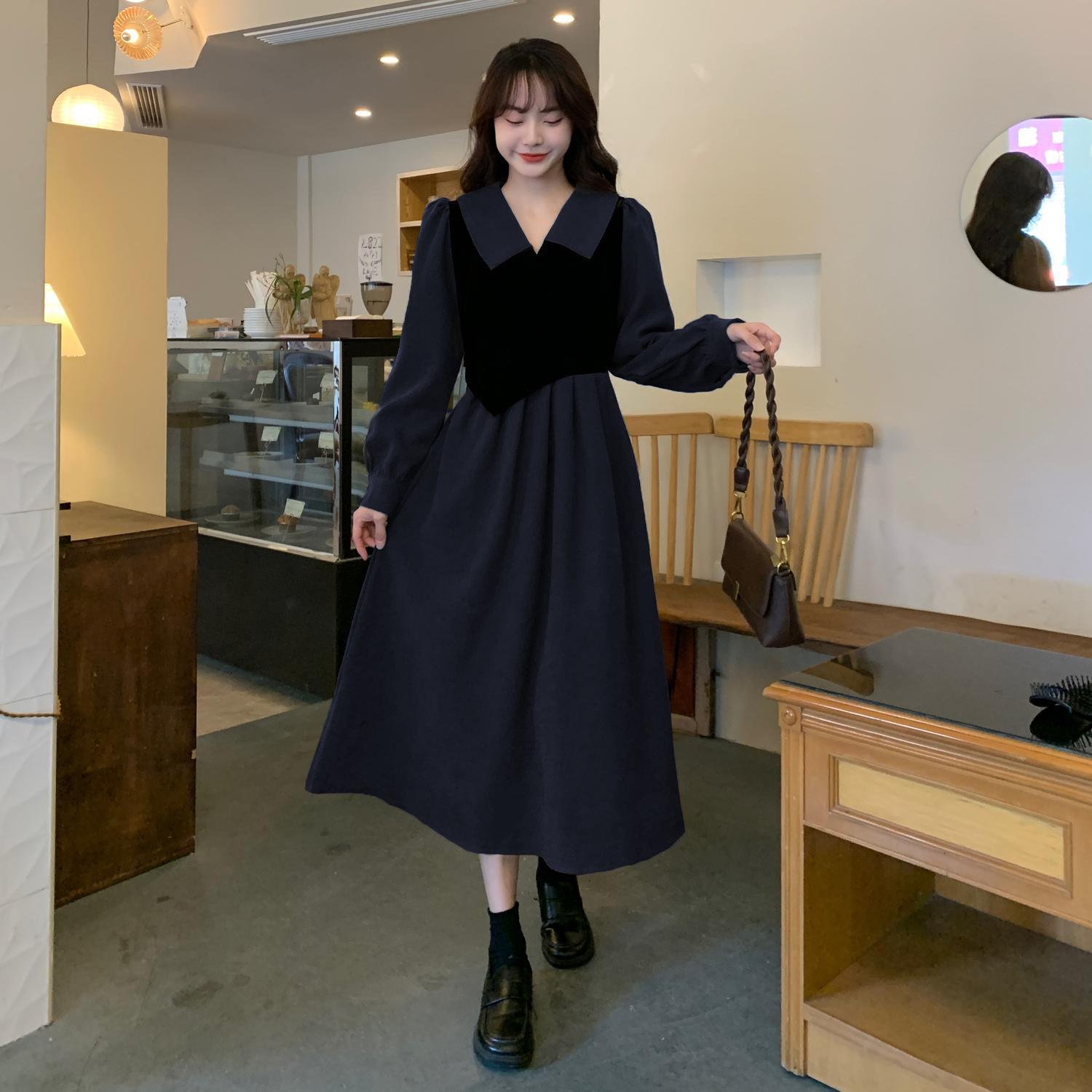 

Сукня міді з довгим рукавом у стилі Хепберн: Шикарний осінній дизайн, Стрункий високий пояс, Великий розмір, Імітація двошарового вигляду Medium темно-синього кольору