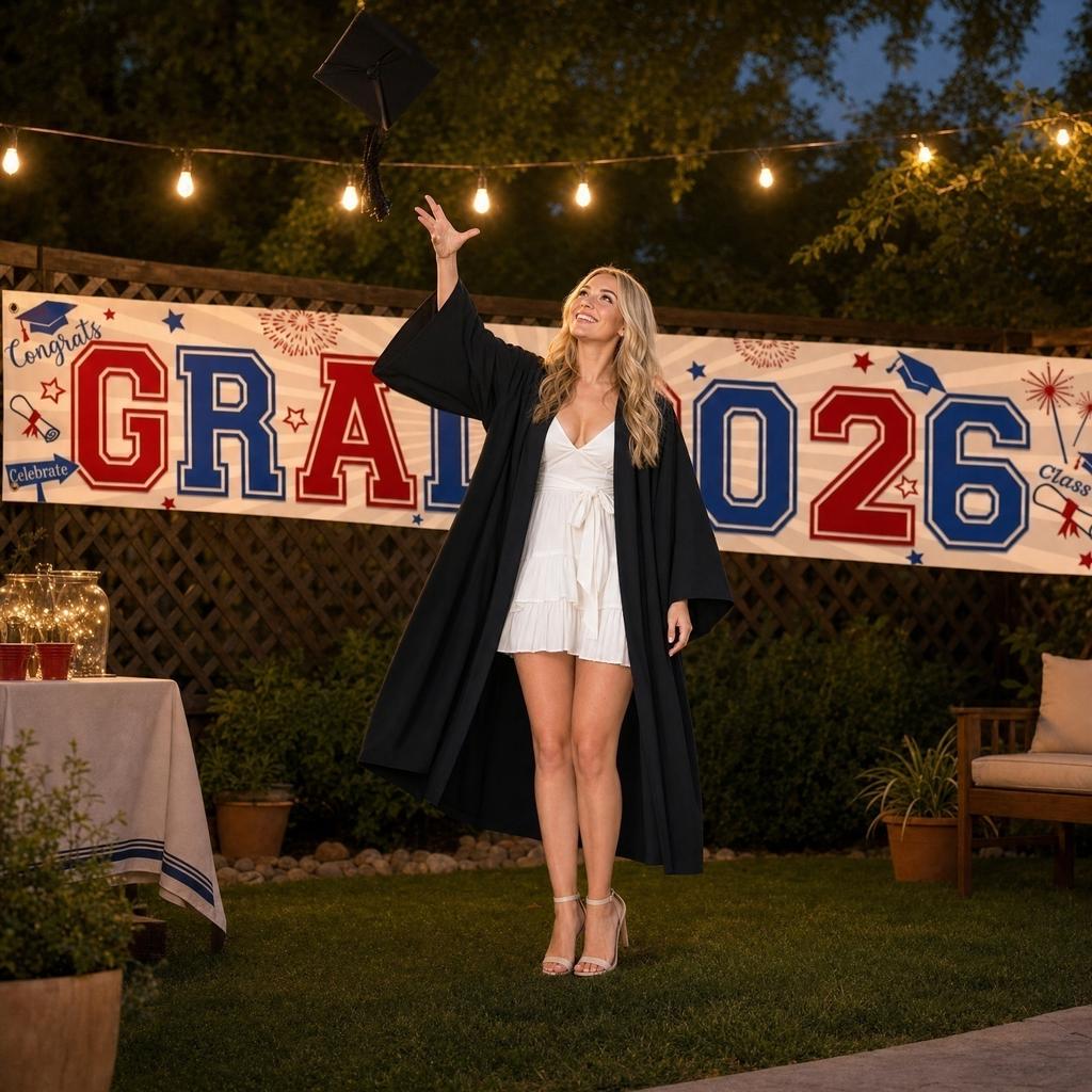 Graduation Banner Outdoor Yard Decoration Congrats Class of 2026 Banner Fabric Hanging Background 200x45cm Graduation Party Supplies