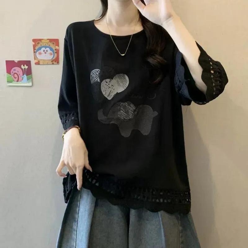 Women's Casual Black Elephant Print Scalloped Edge Loose Blouse