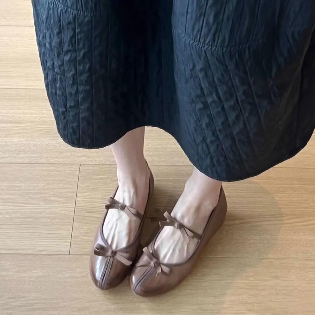 Sheepskin version~ Retro bow Mary Jane shoes women's round head elastic one-word strap ballet shoes light mouth low heel single shoes